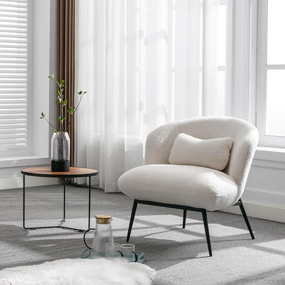 Modern Accent Chair, Upholstered Sherpa Fabric Side Chair With Small Pillow, Black Metal Legs, Comfy Lounge for Living Room Bedroom, White