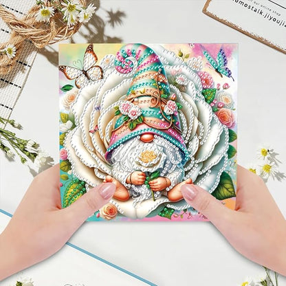 6pcs DIY Rose Gnome Diamond Art Painting Greeting Cards Kit, Rhinestone Art Holiday Birthday Card Set with Envelopes, DIY Festival Craft for Girlfriend, Christmas Valentine Gift Making Supplies