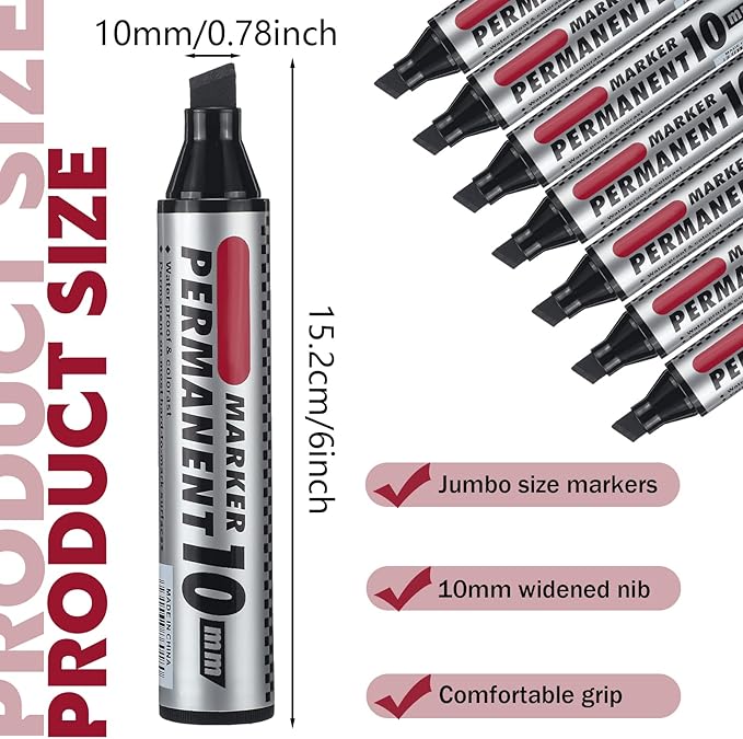 Patelai 150 Pack Jumbo Size Markers Bulk Black 10mm Chisel Tip Large Marker Pens Waterproof Quick Dry Pen for Industrial Art, Work on Metal Wood Plastic Glass