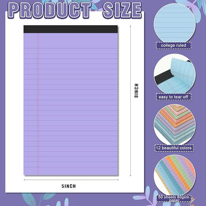 Lincia 24 Pcs 12 Pcs 5" x 8" Small Legal Pads Colored Lined Note Pads Narrow Ruled Writing Notepads 50 Sheets Per Micro Paper Notebook Lined and Perforated for College Office Supplies (Bright Colors)
