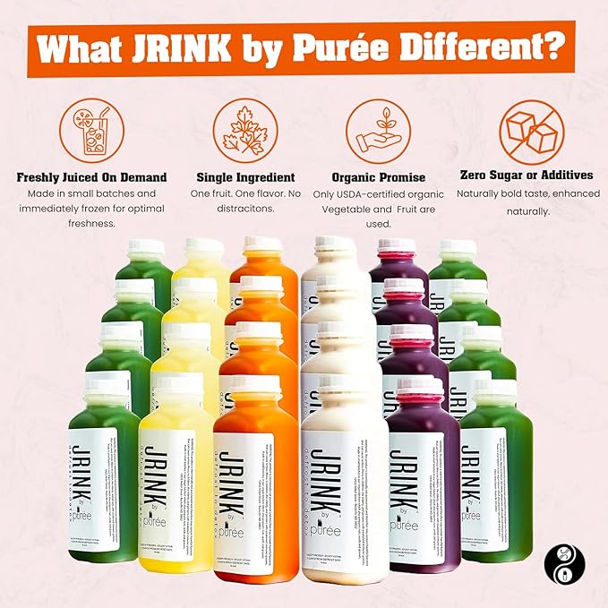 JRINK by Purée Easy Juice Cleanse, Cold Pressed Detox Drink with Organic 4 Day-Healthy Vegetable and Fruit Juice, Frozen Pressed Juice Cleanse, 24 Bottles, 16oz Each