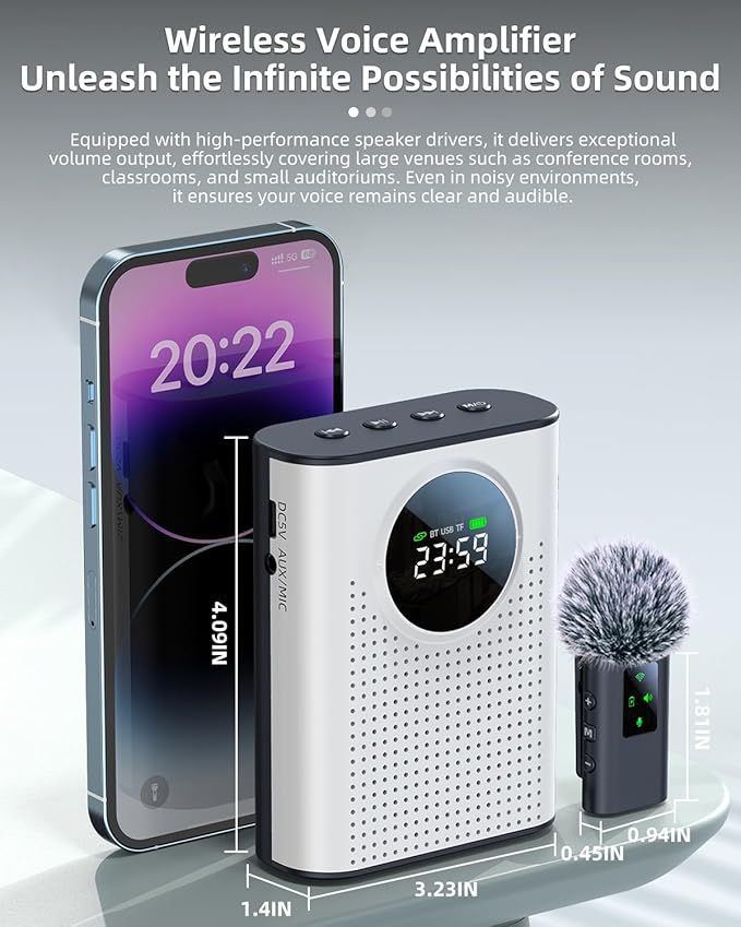 Rechargeable Voice Amplifier Wireless Microphone for Teachers Classroom, Mini Lavalier Lapel Mic Clip Magnetic, Portable Bluetooth Speaker with LED Display for Class, Tour Guide, Coaches, White