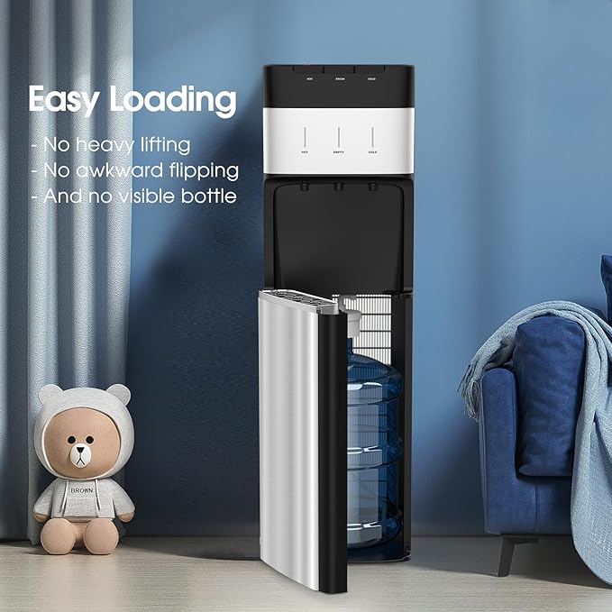 VECYS Bottom Loading 3 5 Gallon Stainless Steel Water Dispenser, Hot Cold Room Temper Water Cooler with Child Safety Lock, 304 Stainless Steel Reservoirs and Water Intake Tube