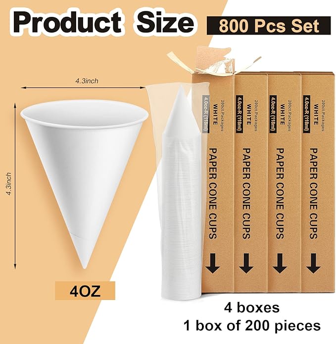 Roshtia 800 Pcs 4 oz Paper Cone Cups Thicken Disposable Cone Cups for Shaved Ice, Slushies Water Cooler Dispenser, White