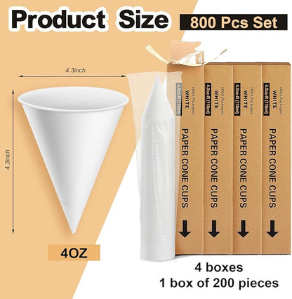 Roshtia 800 Pcs 4 oz Paper Cone Cups Thicken Disposable Cone Cups for Shaved Ice, Slushies Water Cooler Dispenser, White
