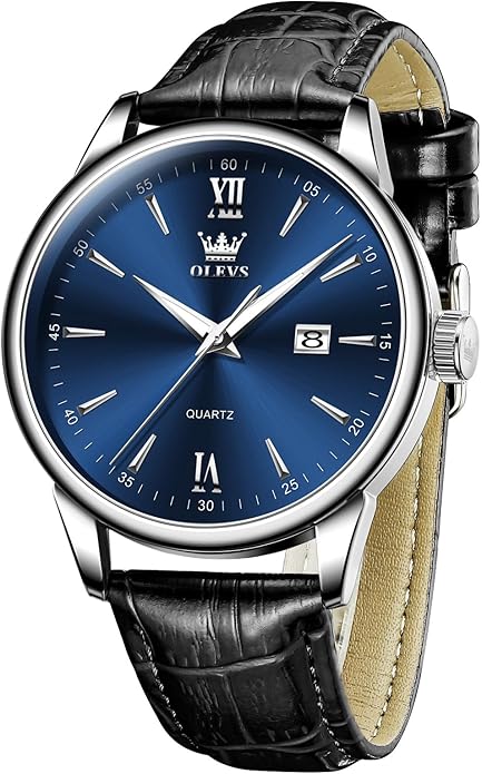 OLEVS Mens Watches, Dress Waterproof Classic Analog Casual Luxury Wrist Watch for Men with Date, Easy to Read Relojes para Hombres Male Quartz Wristwatch with Brown Black Leather Band Blue Black Dial
