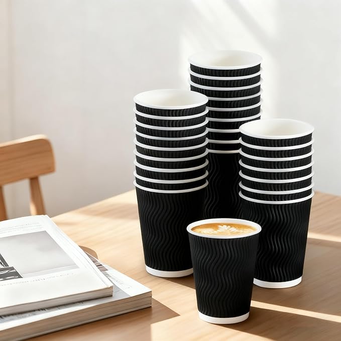 500 Pack 12oz Disposable Coffee Cups,Insulated Ripple Wall Paper Coffee Cups Bulk 12ounce,Hot & Cold Beverage Cup for Party,Home,Office,Cafe,Travel(Black)