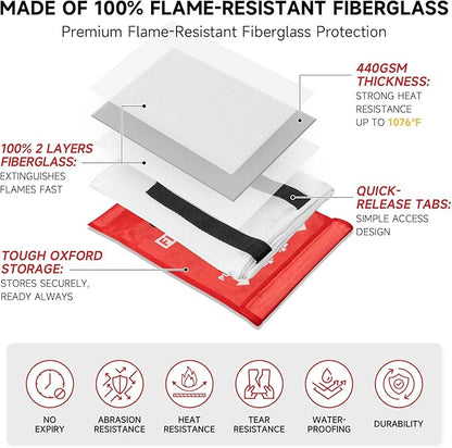 Fire Blanket Emergency for Home Kitchen - 40"x40" Fireproof Safety Protection Fiberglass Flame Retardant Blankets Survival Essential Kit for House Car Camping Outdoor Fireplace Grill BBQ - 1 Pack