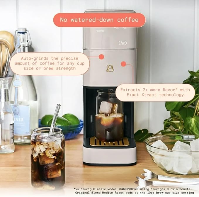 Beautiful Perfect Grind Programmable Single Serve Coffee Maker with Touch-activated Display, Programmable and Integrated Burr Grinder, 64oz Water Reservoir (PORCINI TAUPE)