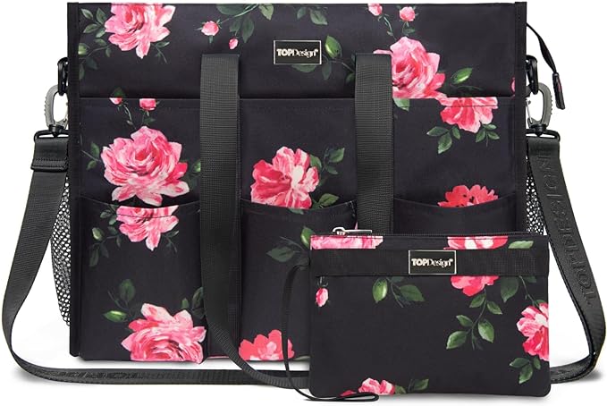 TOPDesign Utility Water Resistant Tote Bag with 22 Pockets, Top Zipper Closure & Thick Bottom Support, for Working Women
