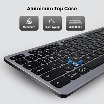 Wireless Keyboard, Bluetooth Keyboard with Leather Palm Rest, Backlighting, Multi-Device Pairing, USB C Rechargeable, for Windows, Mac, iOS, Android, Chrome, Office, Students, Long Hours Typing
