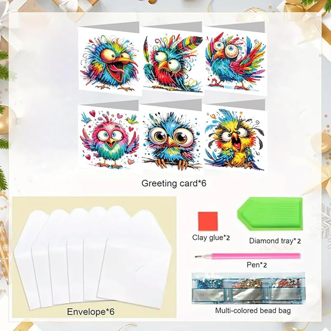 6PCS Diamond Art Painting Greeting Card Set, Bird Pattern DIY Cards with Envelopes for Xmas Birthdays Special Occasion Blessing