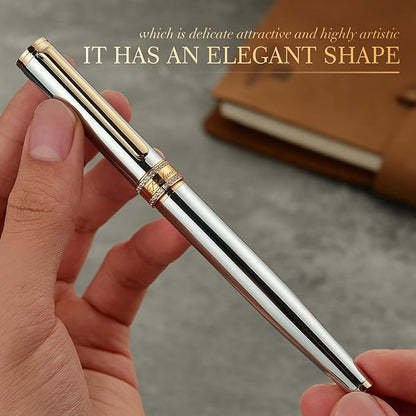 BEILUNER Silver Chrome Rollerball Pen, Diamond-Studded Cap Design, 24K Gold Trim, Noble and Elegant, Schneider Ink Refill, Best Pen Gift Set for Women & Men, Professional, Business Office, Nice Pens