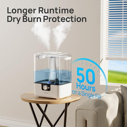 CHIVALZ 6L Humidifiers for Bedroom Large Room Home, Cool Mist Top Fill Humidifiers for Baby Nursery and Plants, 26dB Quiet, Nightlight, Up to 50 Hours, Oil Diffuser 1 Pack + 2 Mist Outlets White