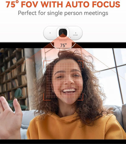 NUROUM V15AF 2K Webcam for PC, 1080p 60FPS AutoFocus Web Camera with Microphone, Privacy Cover and Mute, 75°FOV Dual Microphone USB FHD Computer Camera, Plug and Play for Zoom/Skype/Teams, White