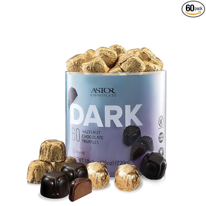 Astor Chocolate 60 Count Gourmet Vegan Certified Dark Chocolate Hazelnut Truffles Tub, Bulk Premium Candy Gift, Parve