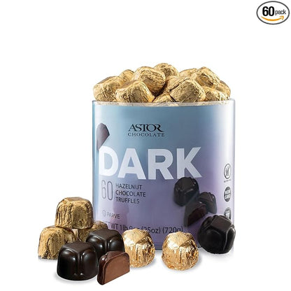 Astor Chocolate 60 Count Gourmet Vegan Certified Dark Chocolate Hazelnut Truffles Tub, Bulk Premium Candy Gift, Parve
