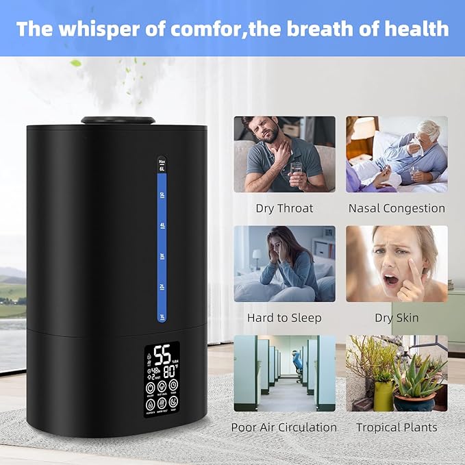6L Humidifiers for Bedroom Large Room Home,Cool and Warm Humidifier for Baby and Plants Hot Mist Top Fill Desk Humidifier Oil Diffuser,Quiet,Auto Mode,360°Nozzle-Midnight Black(2026 Upgraded)