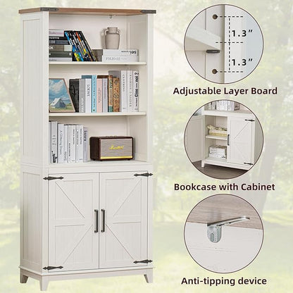 5 Tier Bookshelf 70in Tall Bookcase with Barn Doors and Storage Cabinet, White Farmhouse Book Shelf with Adjustable Shelves, Wood Freestanding Display Bookshelves for Bedroom, Kitchen (2PCS)