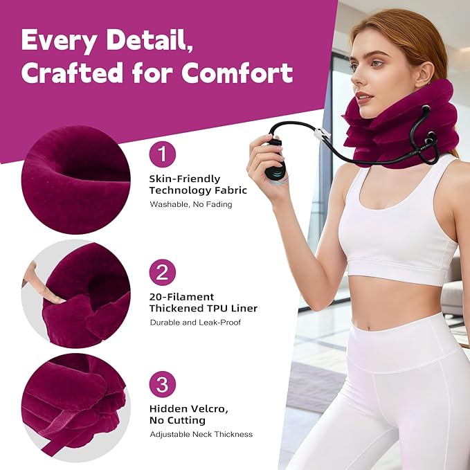 Neck Stretcher,Inflatable Cervical Traction Neck Device,Neck Relief Tool,Adjustable Cervical Brace,Home Use Neck Decompression (Red)
