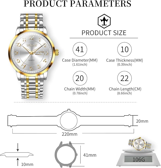 Stainless Steel Mens Watches with Day Date Quartz Analog Large Face Classic Watch Arabic Numerals Dress Luminous Rlojes para Hombres