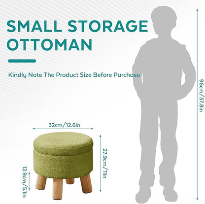Small Foot Stool Ottoman with Storage, Sherpa Ottoman Foot Rest for Couch, Round Footstool with Storage, Small Ottomans and Footstools for Living Room and Entryway (Bright Green)