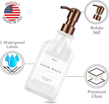 Emerson Essentials Soap Dispenser, Dish Soap Dispenser, Soap Bottle Bathroom Set, Farmhouse Stainless Steel, Kitchen Soap Dispenser Set - Glass Soap Dispenser with Pump and Labels, 16 Oz, 2 Pack
