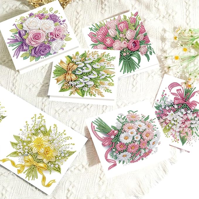 6pcs Diamond Art Painting Postcards with Envelope, Bouquet Pattern Daily DIY Handmade Greeting Cards Wishing Cards for Special Occasion Festival Craft Gift