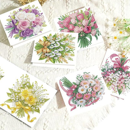 6pcs Diamond Art Painting Postcards with Envelope, Bouquet Pattern Daily DIY Handmade Greeting Cards Wishing Cards for Special Occasion Festival Craft Gift