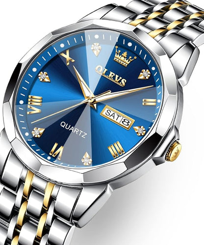 OLEVS Watches for Men Diamond Business Dress Analog Quartz Stainless Steel Date Luxury Casual Fashion Wrist Watch Waterproof Luminous
