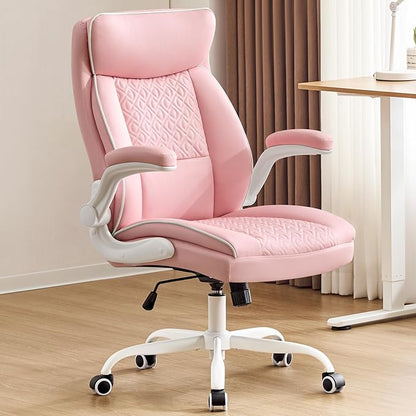 Leather Office Chair, Computer Desk Chair with Lumbar Support,Height Adjustment, Comfortable Excutive Task Chairs 400lbs with Padded Flip-up Armrests, Pink