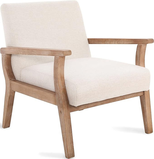 Accent Chair Mid Century Modern Armchair, Linen Upholstered Living Room Accent Armchair with Wood Frame, Farmhouse Chair Indoor Corner Chair for Living Room Bedroom, Ivory