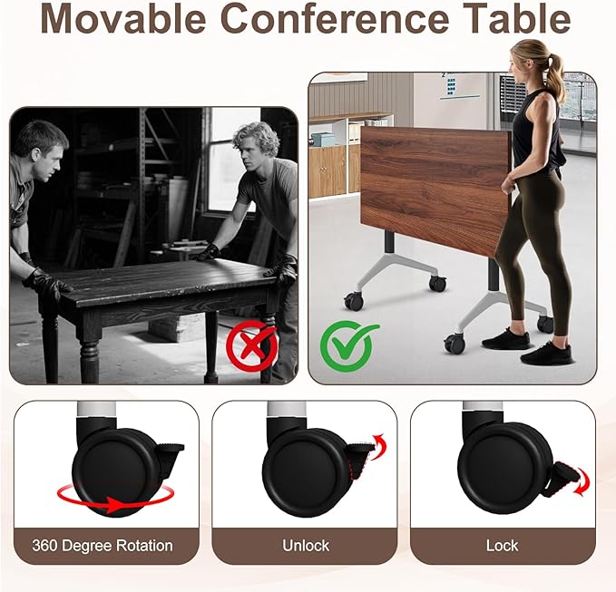 Folding Conference Table,Conference Table with Wheels,Large Flip-Top Training Table,Freely Combinations,Easy to Move for Offices, Schools,Training Rooms（2,Walnut,47in