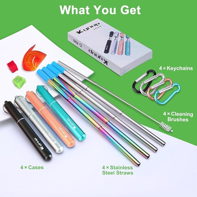 Kynup 4Packs Reusable Straws, Metal Straw with Silicon Pcs, Travel Drinking Straws with Case, Keychain, Cleaning Brushes, Perfect for Travel, Gifts (20 PCS) Black-Silver-Rose Gold-Turquoise