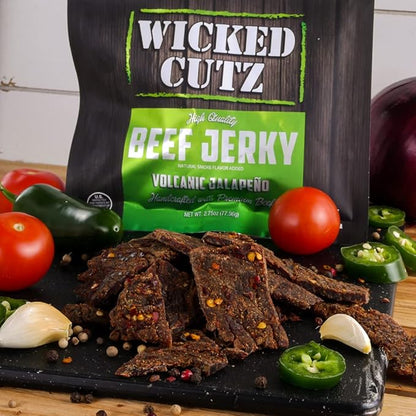 Wicked Cutz Volcanic Jalapeño Spicy Beef Jerky, 27g Protein Per Serving, Tender & Easy to Chew Alternative to Beef Sticks, USA Made High Protein Carnivore Snacks (2 Bags)