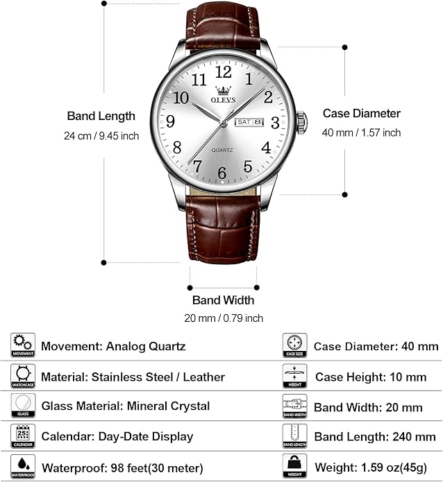 Men's Casual Leather Watch, Easy to Read Three-Hand Analog Stainless Steel Watches for Men, Minimalist Day Date Waterproof Luminous Mens Quartz Wristwatch