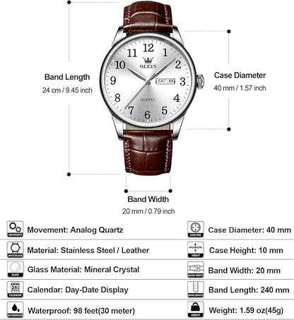 Men's Casual Leather Watch, Easy to Read Three-Hand Analog Stainless Steel Watches for Men, Minimalist Day Date Waterproof Luminous Mens Quartz Wristwatch