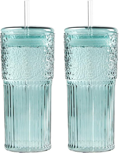 GOSCHE Glass Coffee Cups with Lids and Straws 20oz, High Borosilicate Drinking Jar Water Cups, Glass Tumbler for Tea Coffee Milkshake, Green, 2 Pcs
