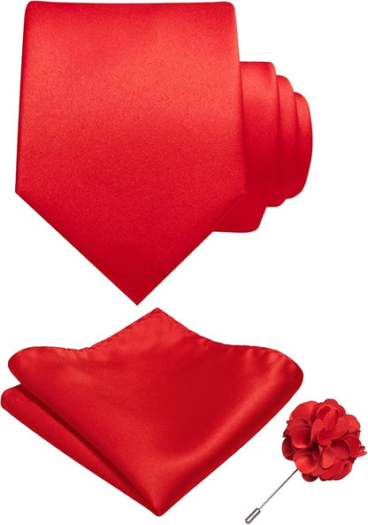RBOCOTT Solid Color Tie and Pocket Square Hankerchief with Lapel Pin Set for Men