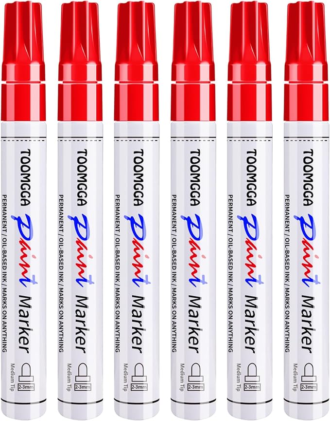 Paint Pens Paint Markers Red - 6 Pack Permanent Markers Oil Based for Metal Wood, Pens for Metal, Car Tyre,Plastic, Ceramic, Plastic, Canvas, Rock Painting, Glass, Craft Supplies