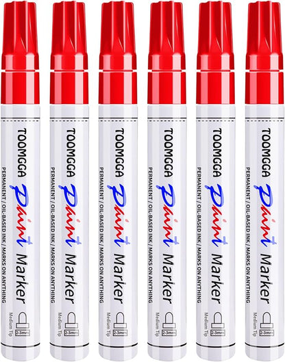 Paint Pens Paint Markers Red - 6 Pack Permanent Markers Oil Based for Metal Wood, Pens for Metal, Car Tyre,Plastic, Ceramic, Plastic, Canvas, Rock Painting, Glass, Craft Supplies