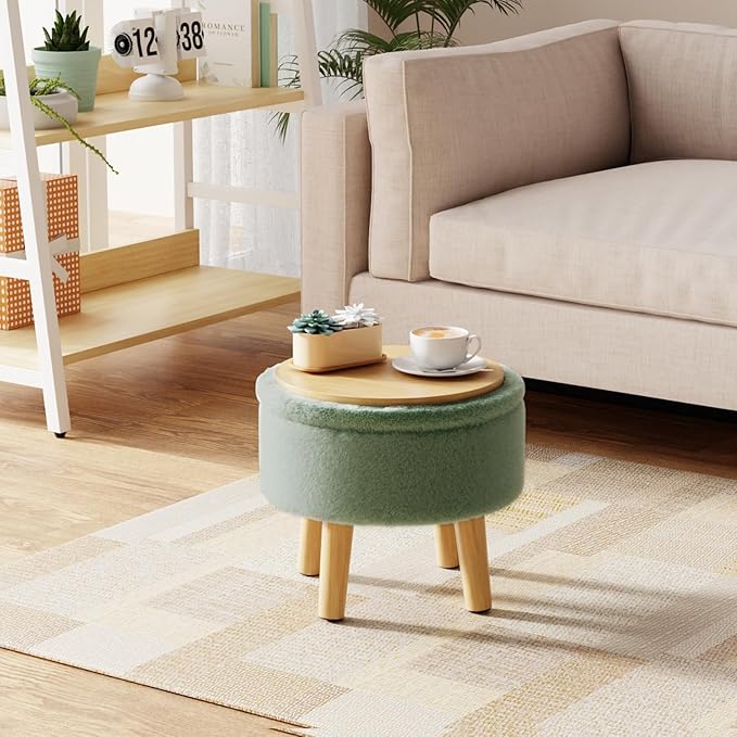 Poofzy Small Ottoman with Storage, Small Foot Stool Ottoman with Wood Legs, Faux Fur Foot Rest for Couch, Living Room and Bedroom - Light Green