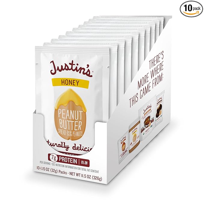 Justin's Honey Peanut Butter Squeeze Packs, Gluten-free, Non-GMO, Responsibly Sourced, Pack of 10 (1.15oz each)