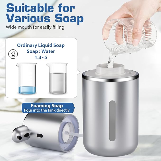 Automatic Foaming Soap Dispenser, LED Display Touchless Foam Hand Soap Dispenser for Bathroom Countertop, Kitchen, 6-Level Adjustable,380ML, Rechargeable (Silver)