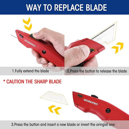 WORKPRO Premium Utility Knife, Retractable All Metal Heavy Duty Box Cutter, Quick Change Blade Razor Knife, 3PCS with 10 Extra Blades