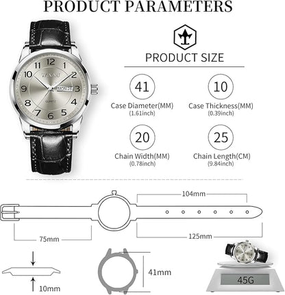 Men's Watch Big Face Easy Read Arabic Numeral Dress Watches for Men Classic Black Brown Leather Band Analog Mens Wrist Watch with Day and Date Fashion Business Waterproof Luminous Quartz Watch