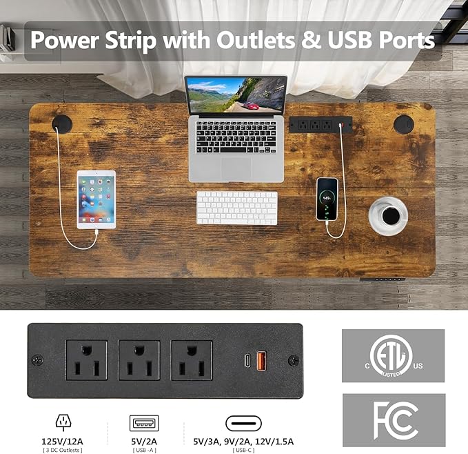 Electric Standing Desk 71 x 27 Inches Adjustable Height Sit Stand Up Desk for Home Office Computer Workstation with 2 USB Ports 3 AC Power Outlets Memory Preset and Wheels,Brown