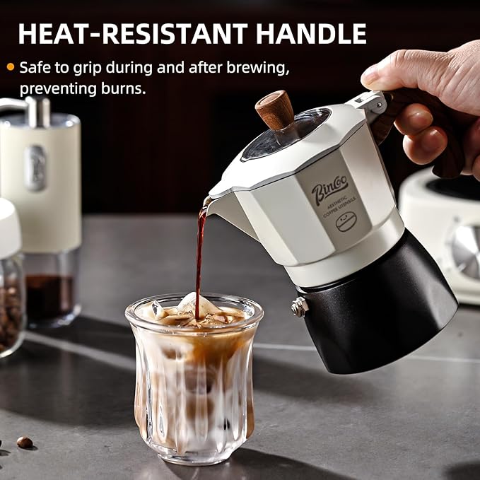 Bincoo Espresso Maker Stovetop - 2 Cup/120ML Small Stove Top Espresso Italian Coffee Maker, Camping Moka Pot (White-black)