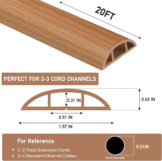 Floor Cord Cover Self Adhesive Cord Hider Floor Extension Cord Covers for Floor Power Cord Protector Cable Management Prevent Cable Trips Cable Cavity 0.51" W x 0.31" H (Light Brown Wood, 20Ft)