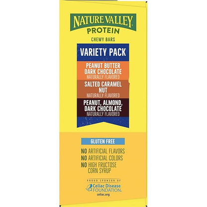 Nature Valley Protein Bars Variety Pack, Gluten Free Chewy Granola Snack Bars, 10g Protein, Peanut Butter Dark Chocolate, Salted Caramel Nut, Peanut Almond Dark Chocolate, 15 Count, 21.3 oz Box